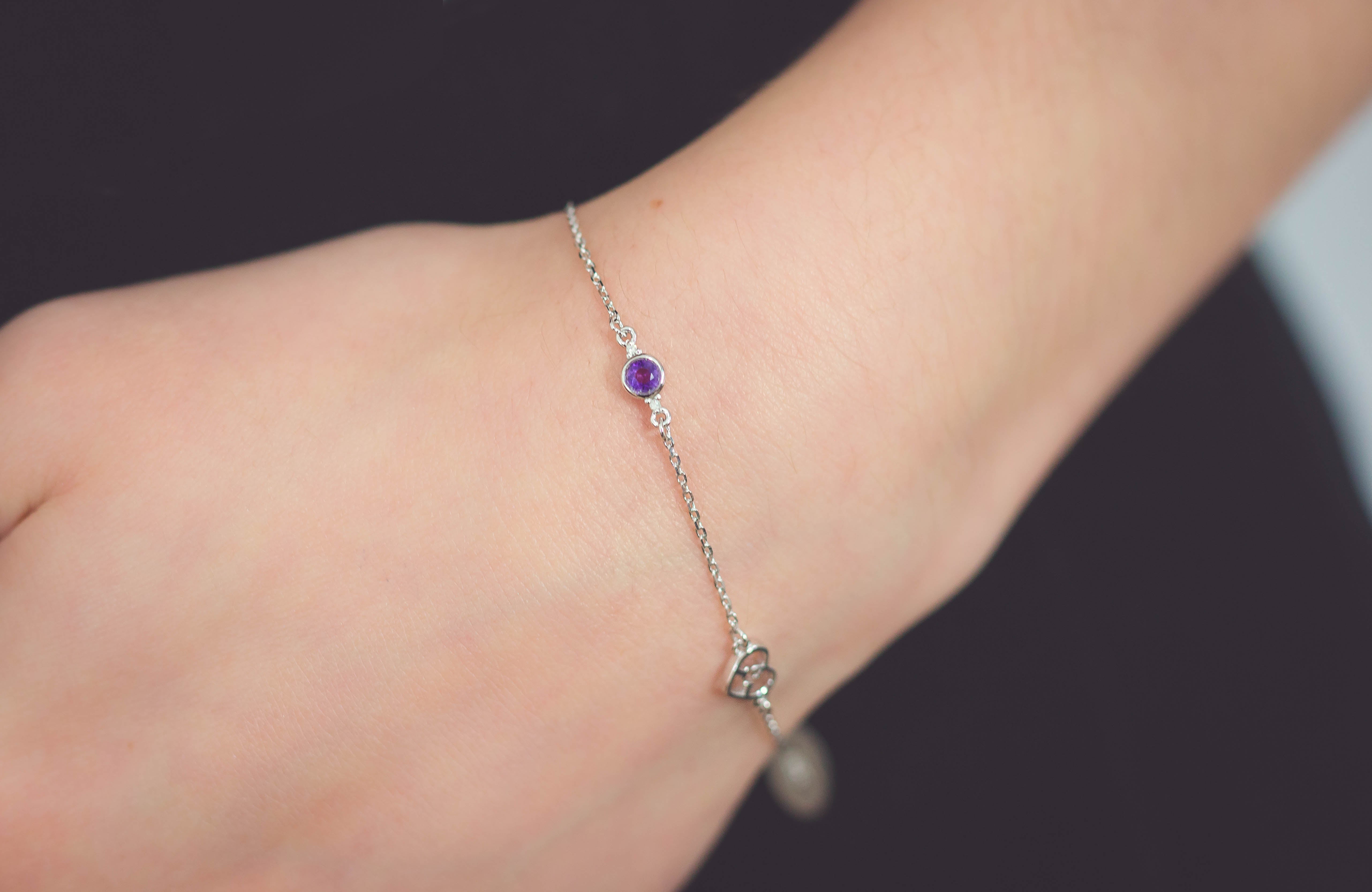 NATURAL AMETHYST AND TWO NATURAL DIAMOND FEBRUARY BRACELET SILVER