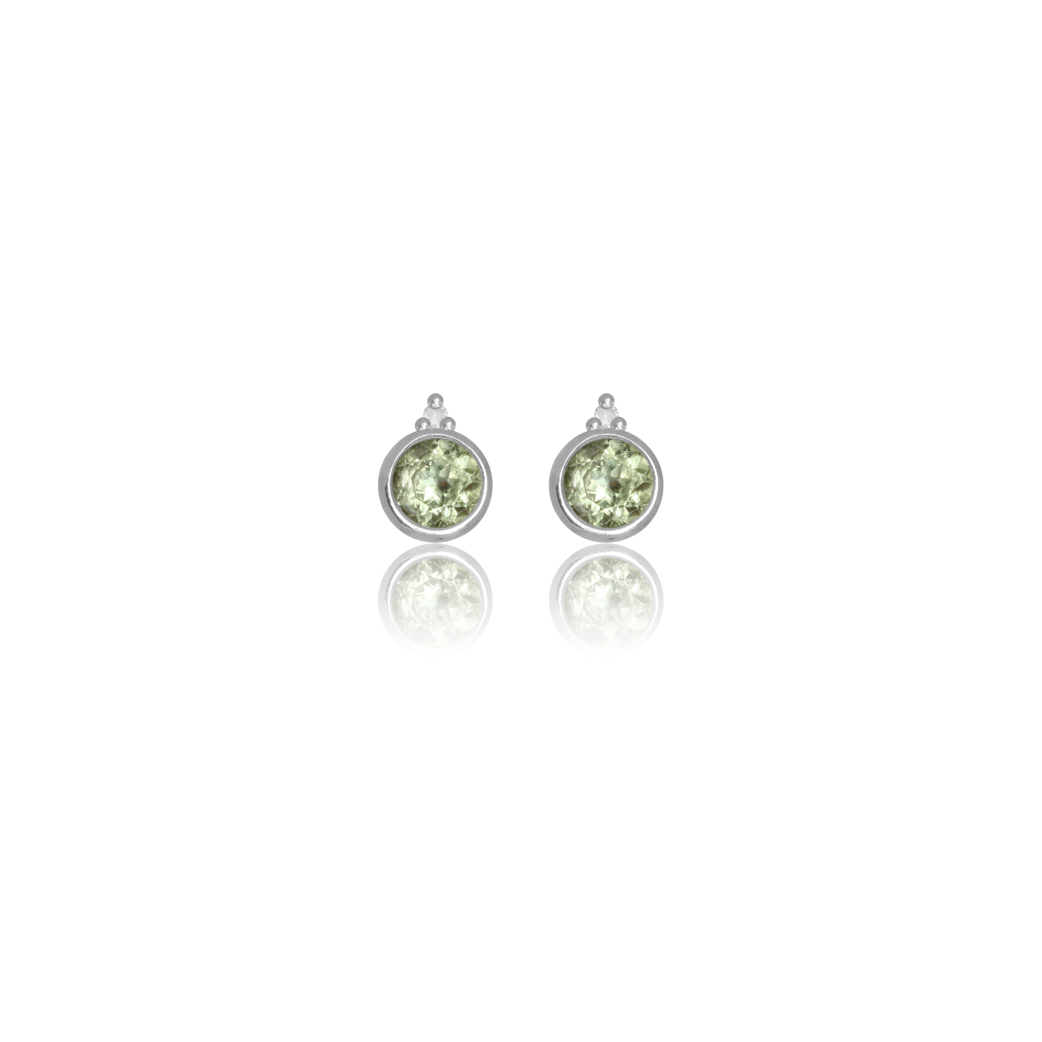 NATURAL PERIDOT AND TWO NATURAL DIAMOND AUGUST EARRINGS SILVER