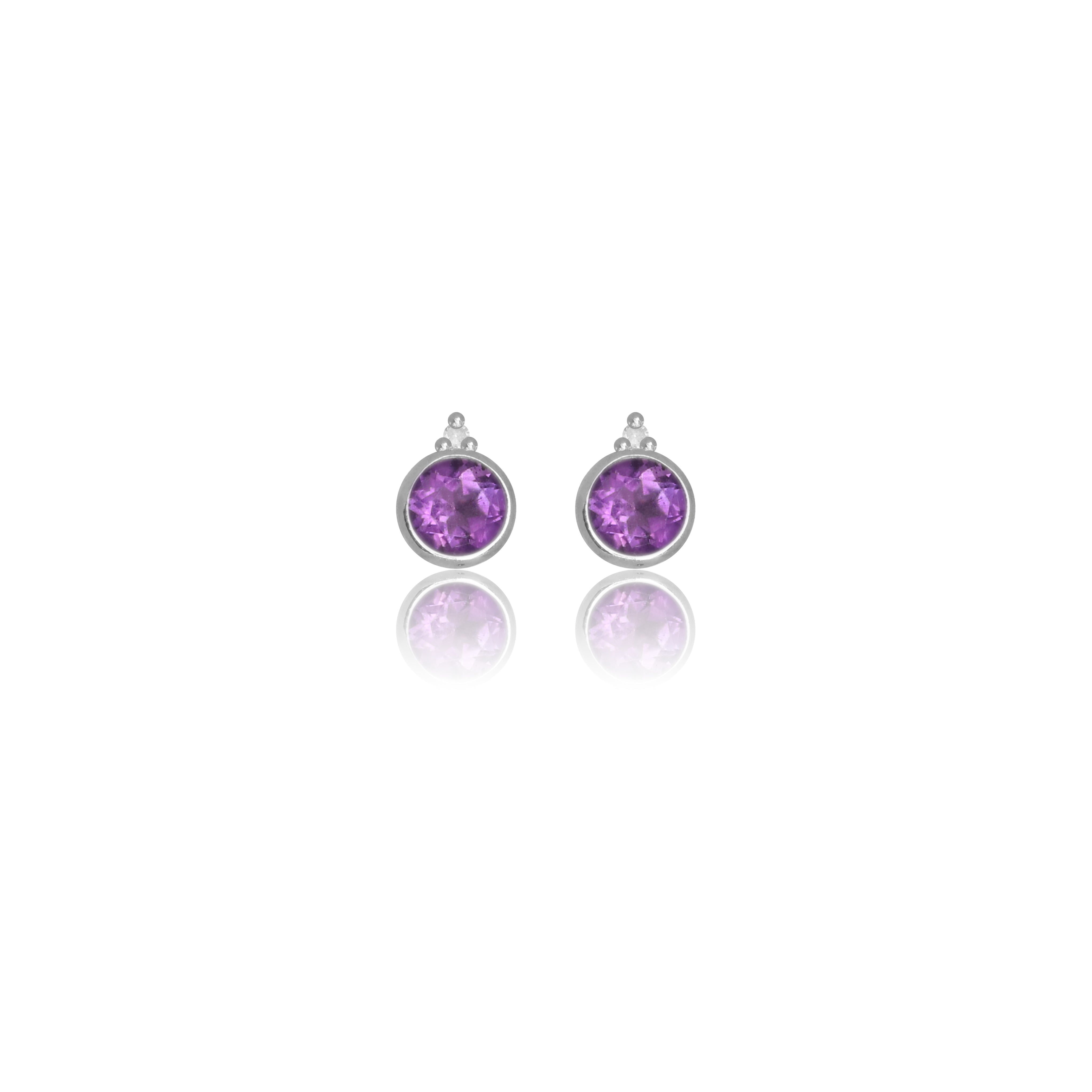NATURAL AMETHYST AND TWO NATURAL DIAMOND FEBRUARY EARRINGS SILVER