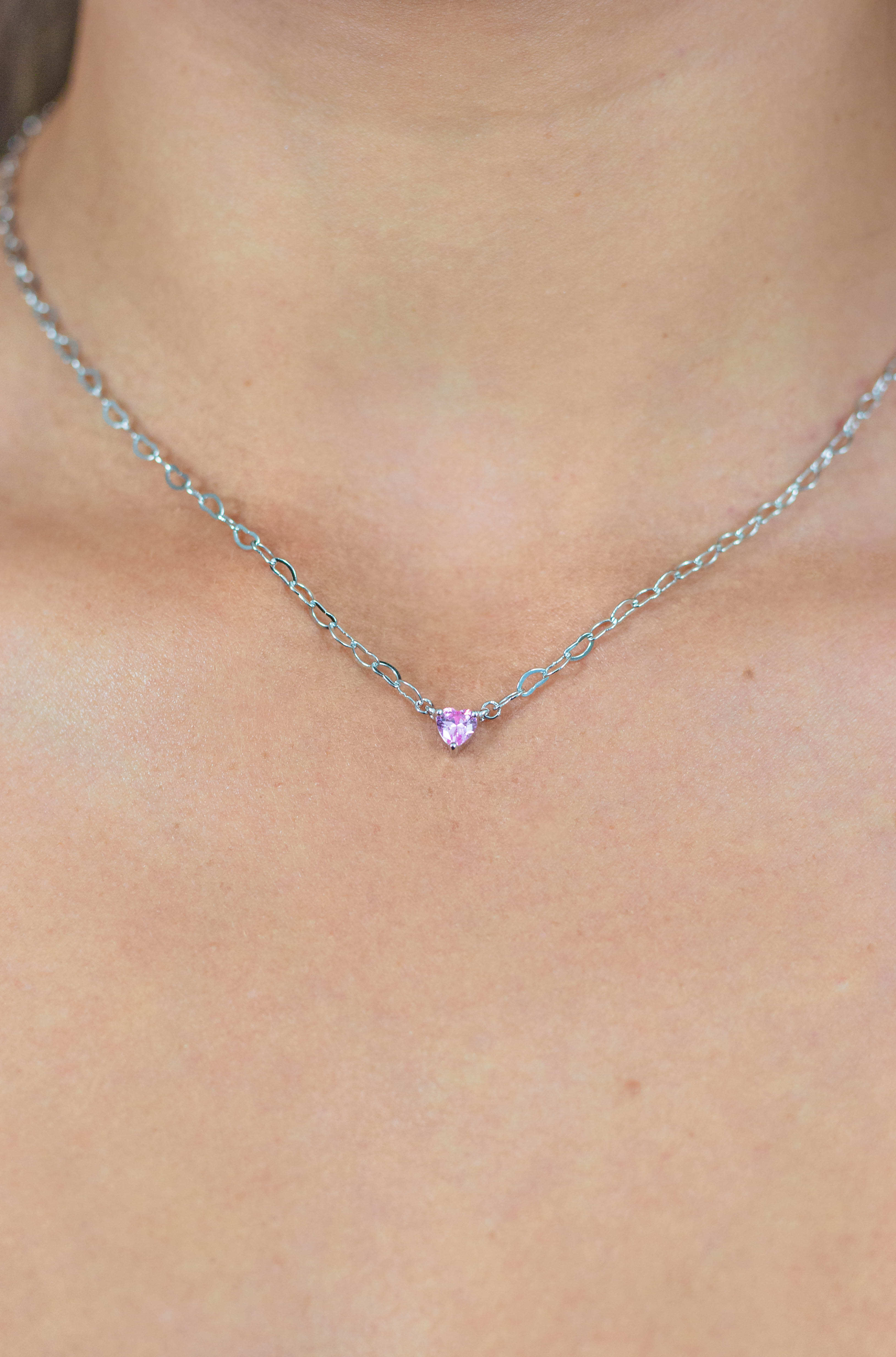 SWEETHEART HEART CHAIN NECKLACE PINK SILVER
